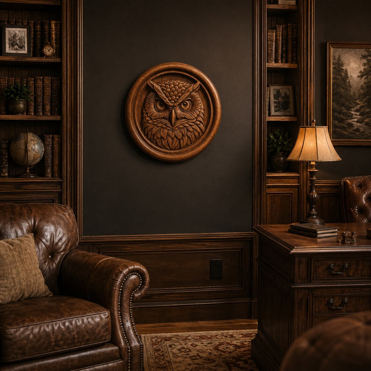 A cozy study with leather furniture, wooden bookshelves, a lit table lamp, and the Form Arcade "Owl Medallion CNC Relief"—an intricately crafted owl wall art STL file—displayed as a circular centerpiece on the dark wall.