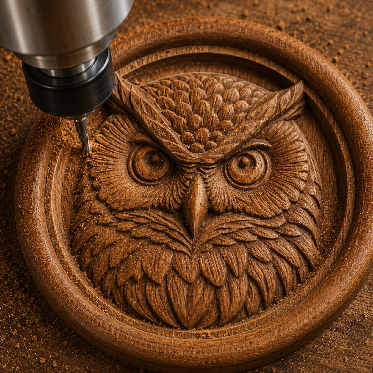 A CNC machine intricately carves the Owl Medallion from Form Arcade into a round wooden plaque, with wood shavings scattered around—demonstrating the precision achievable in woodworking projects using the Owl Medallion CNC Relief STL File for wall art.