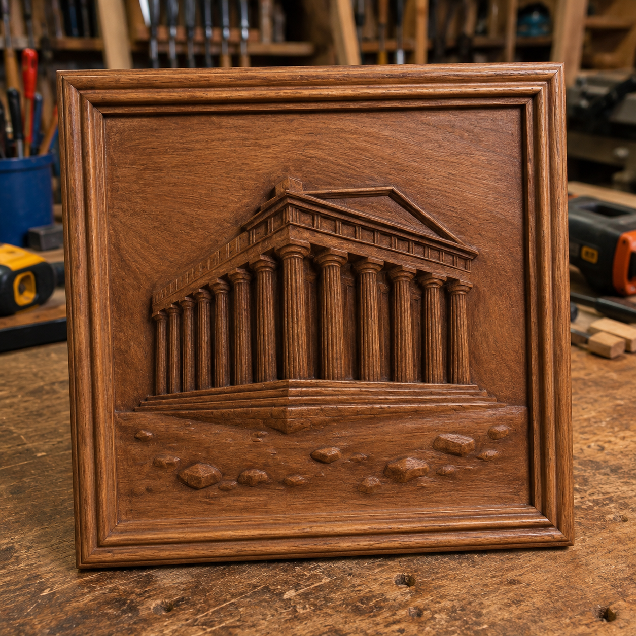 Form Arcade's Parthenon Temple Relief STL File, a Greek temple CNC wall art design, features columns and a triangular pediment—ideal for carving a wooden plaque in your woodworking shop.