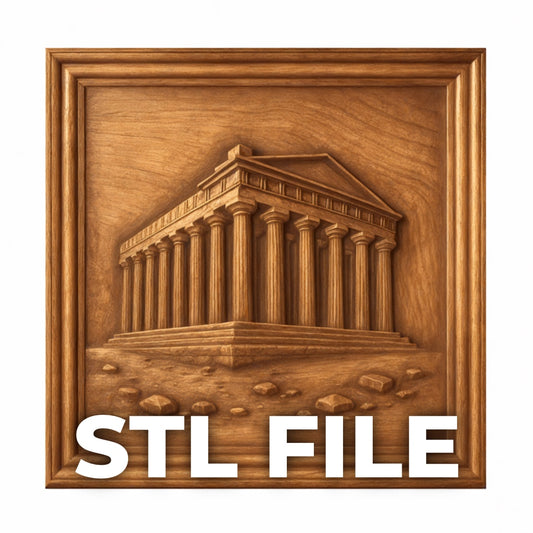 The Parthenon Temple Relief STL File by Form Arcade is a detailed Greek temple wall art design, ideal for 3D printing or CNC carving and comes with "STL FILE" boldly displayed at the bottom.