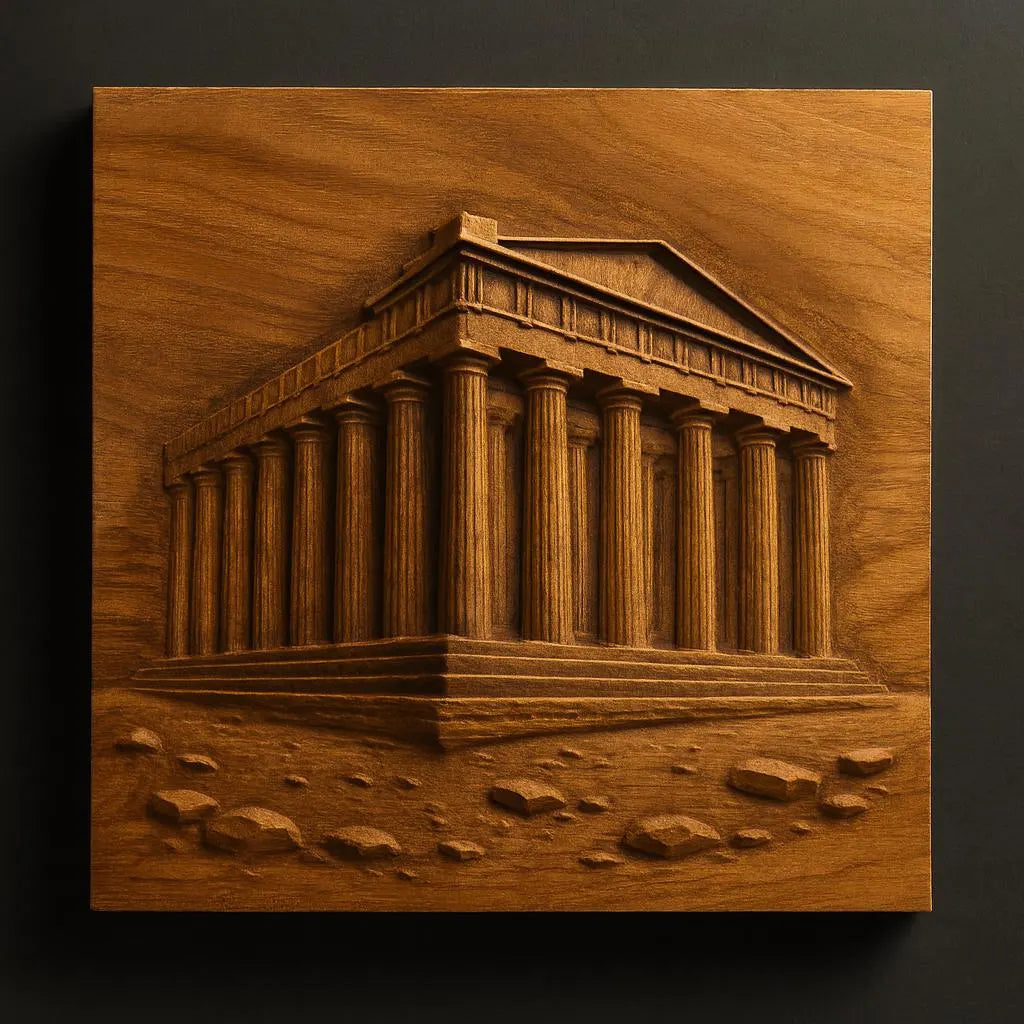 The Parthenon Temple Relief STL File by Form Arcade captures a Greek temple with tall columns and a pediment on a raised platform—ideal CNC wall art for 3D printing, perfect for adding classical style to your space.