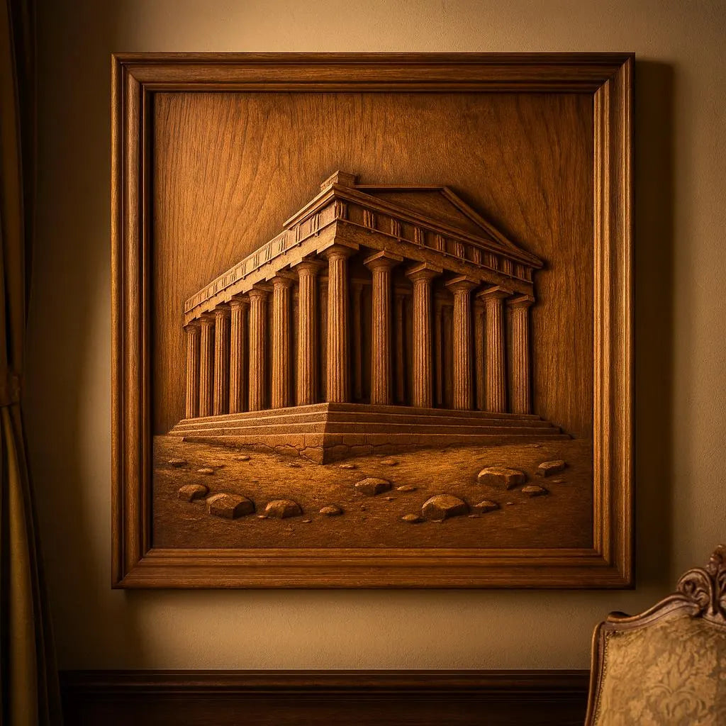 The Parthenon Temple Relief STL File by Form Arcade is a detailed Greek temple CNC wall art, featuring columns and rocky ground. Displayed framed above an ornate chair on a beige wall, warm lighting enhances its craftsmanship.