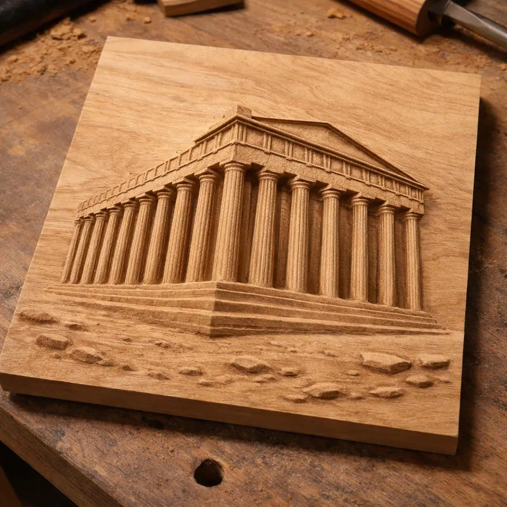 Form Arcade’s Parthenon Temple Relief STL File features a detailed Greek temple with tall columns and a triangular pediment—ideal for CNC wall art and perfect for showcasing expert craftsmanship in wood carving.
