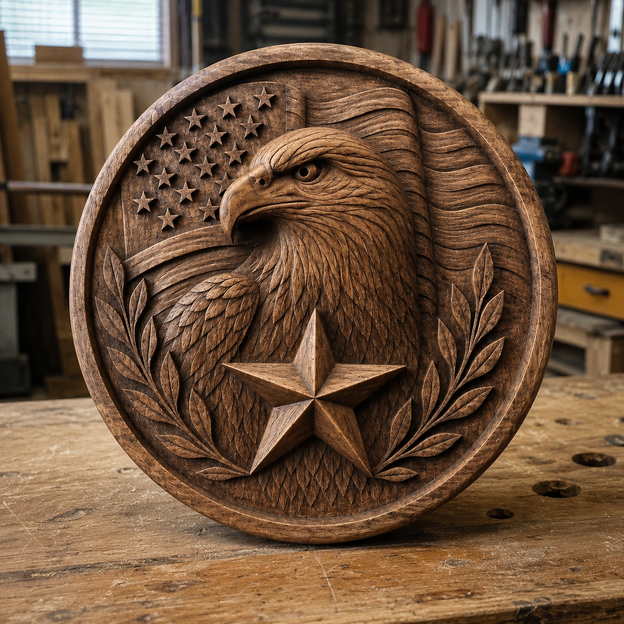 The Patriotic Eagle Coin Relief STL File by Form Arcade is a round wooden CNC-carved wall art featuring an eagle, American flag, star, and laurel branches, shown on a workbench in a woodworking shop.