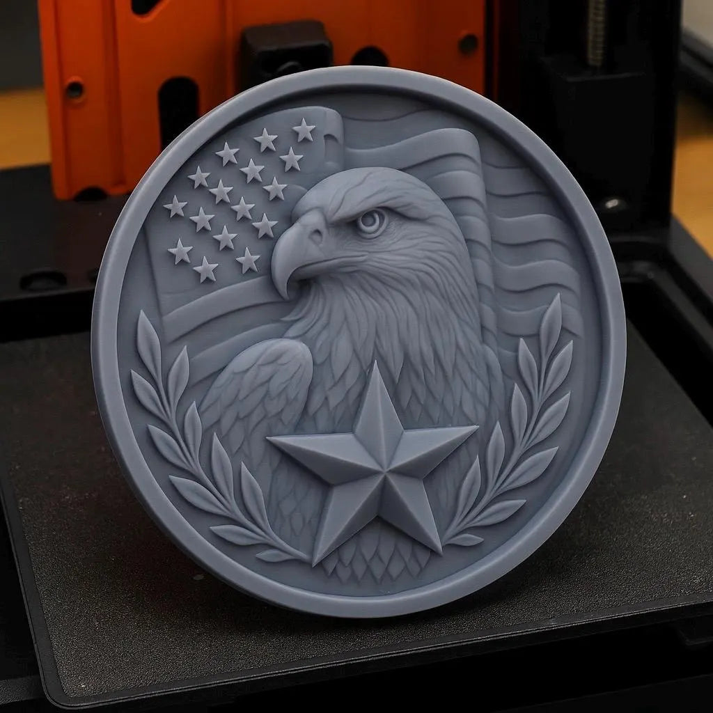 Gray 3D printed eagle relief coin with American flag and star showing fine detail and smooth depth transitions