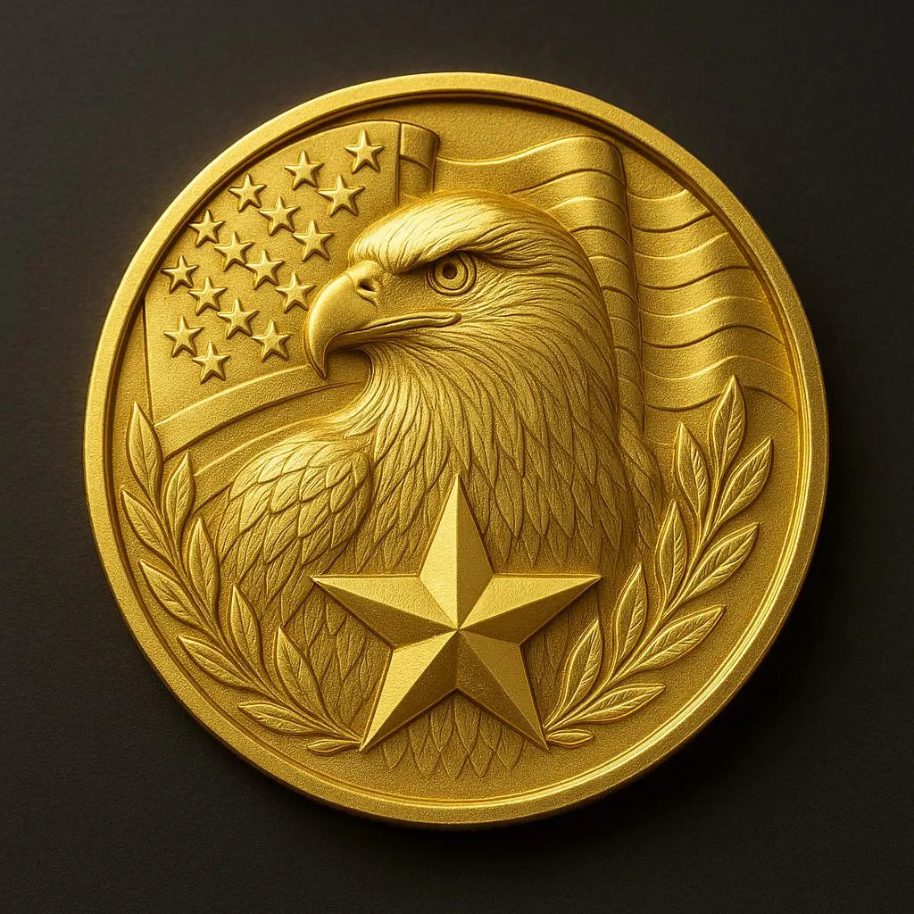 Gold eagle coin relief with American flag and star highlighting depth and detail for CNC carving and 3D printing