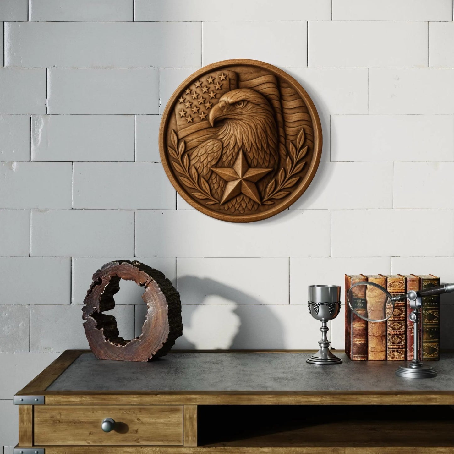 Circular eagle relief carving displayed on wall in home setting, detailed CNC wood carving decor example