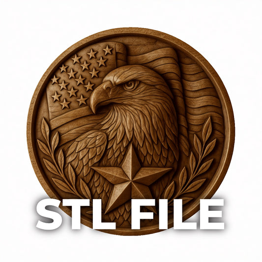 Detailed wooden eagle relief carving with American flag and star in circular coin design, ideal for CNC wall art and wood carving projects