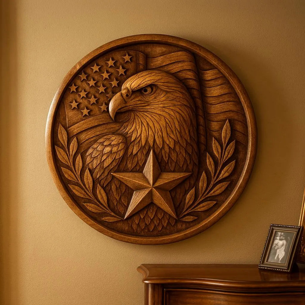 Carved wooden eagle relief wall art with American flag and star in circular coin design displayed on interior wall