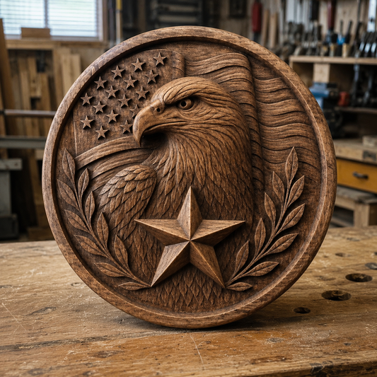 The Patriotic Eagle Coin Relief STL File by Form Arcade is a round wooden CNC-carved wall art featuring an eagle, American flag, star, and laurel branches, shown on a workbench in a woodworking shop.