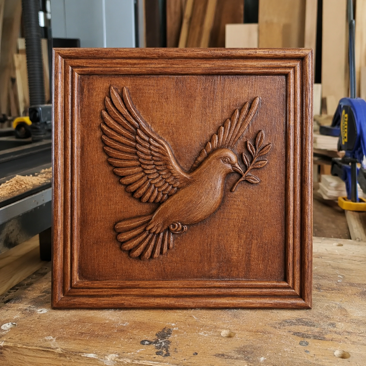 The Flying Dove CNC Relief STL File by Form Arcade depicts a raised image of a dove holding an olive branch, showcased on a workbench in a woodworking shop. This Bird CNC Wall Art highlights detailed relief carving, serving as an inspiring example for woodworking projects.