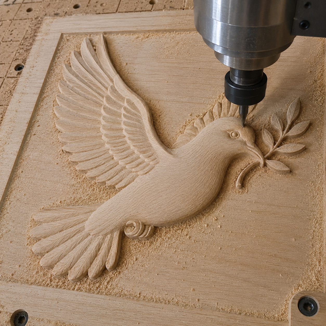 Using a CNC machine and the "Flying Dove CNC Relief STL File | Bird CNC Wall Art" by Form Arcade, you can carve a detailed relief of a dove holding an olive branch into wood, creating striking woodworking projects and beautiful examples of relief carving with wood shavings scattered around.