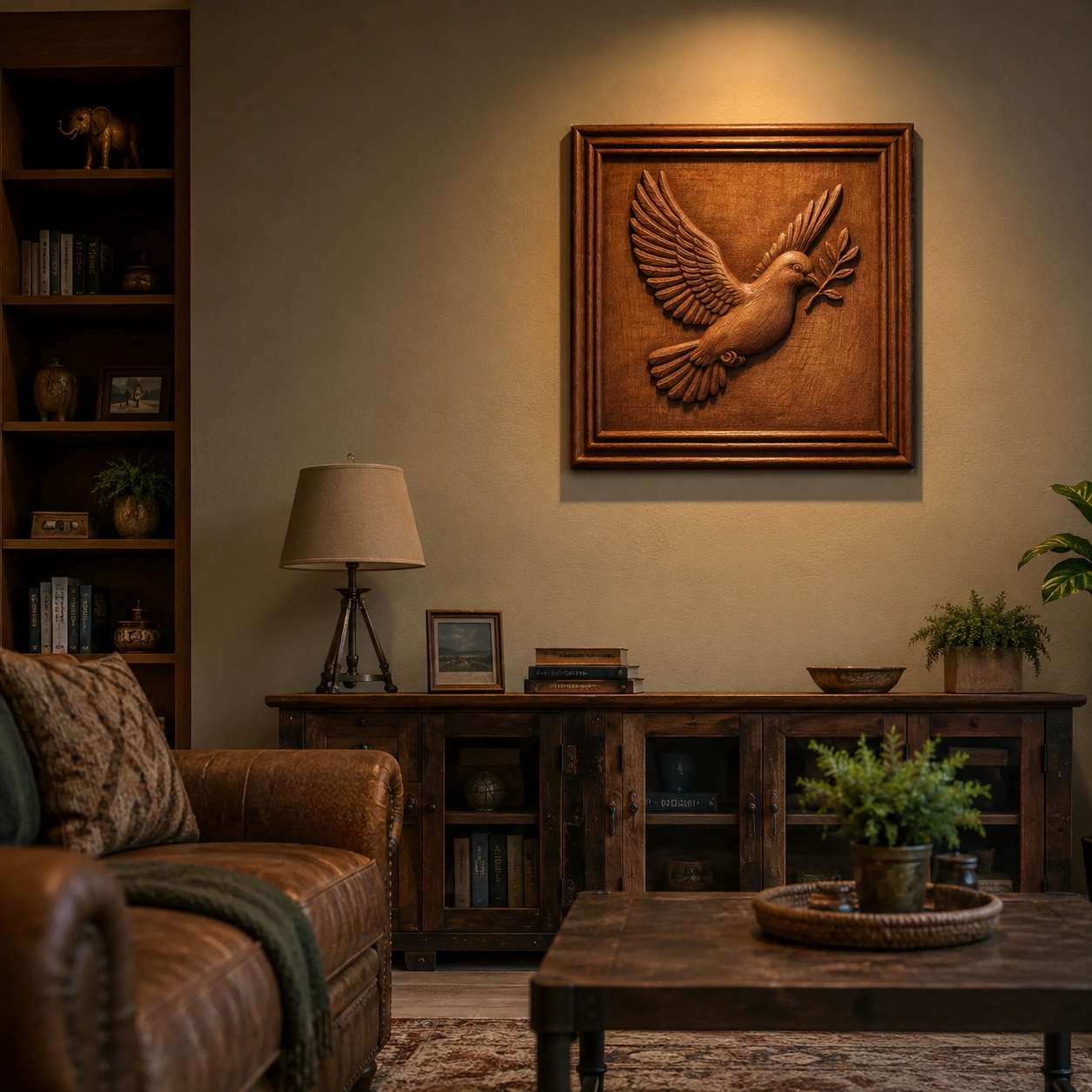Cozy living room with a leather sofa, wooden furniture, and potted plants—featuring the Form Arcade Flying Dove CNC Relief STL File | Bird CNC Wall Art as a detailed relief carving displayed on the wall—perfect for woodworking enthusiasts or anyone looking to use a CNC relief STL file—softly illuminated by a lamp and overhead spotlight.