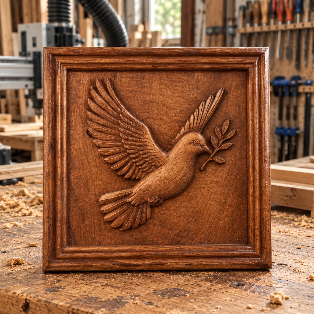 A Flying Dove CNC Relief STL File by Form Arcade, featuring a detailed relief carving of a dove with an olive branch, ideal for woodworking projects and displayed on a workbench in a woodworking shop.
