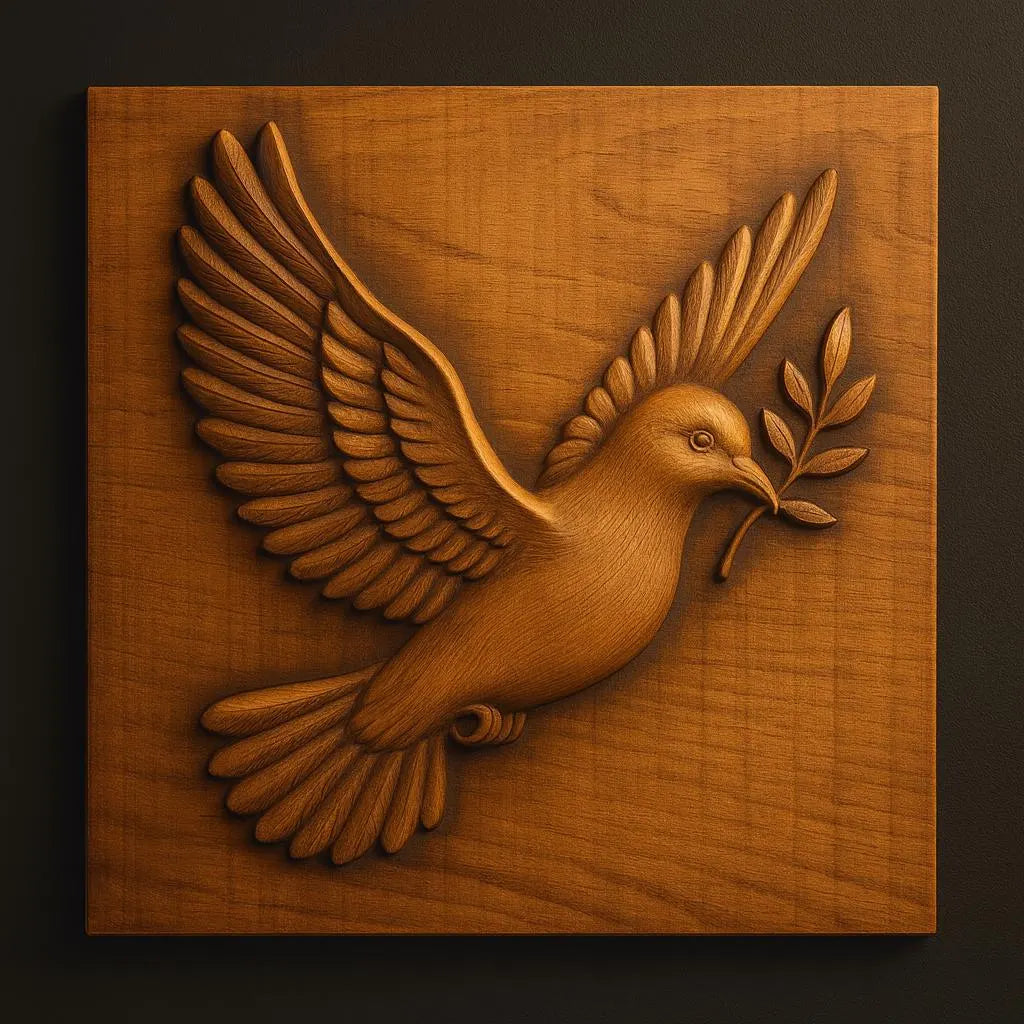 A beautifully detailed Flying Dove CNC Relief STL File by Form Arcade, featuring a bird holding an olive branch in its beak and designed for woodworking projects—ideal as inspiring wall art or unique wood carving decor.
