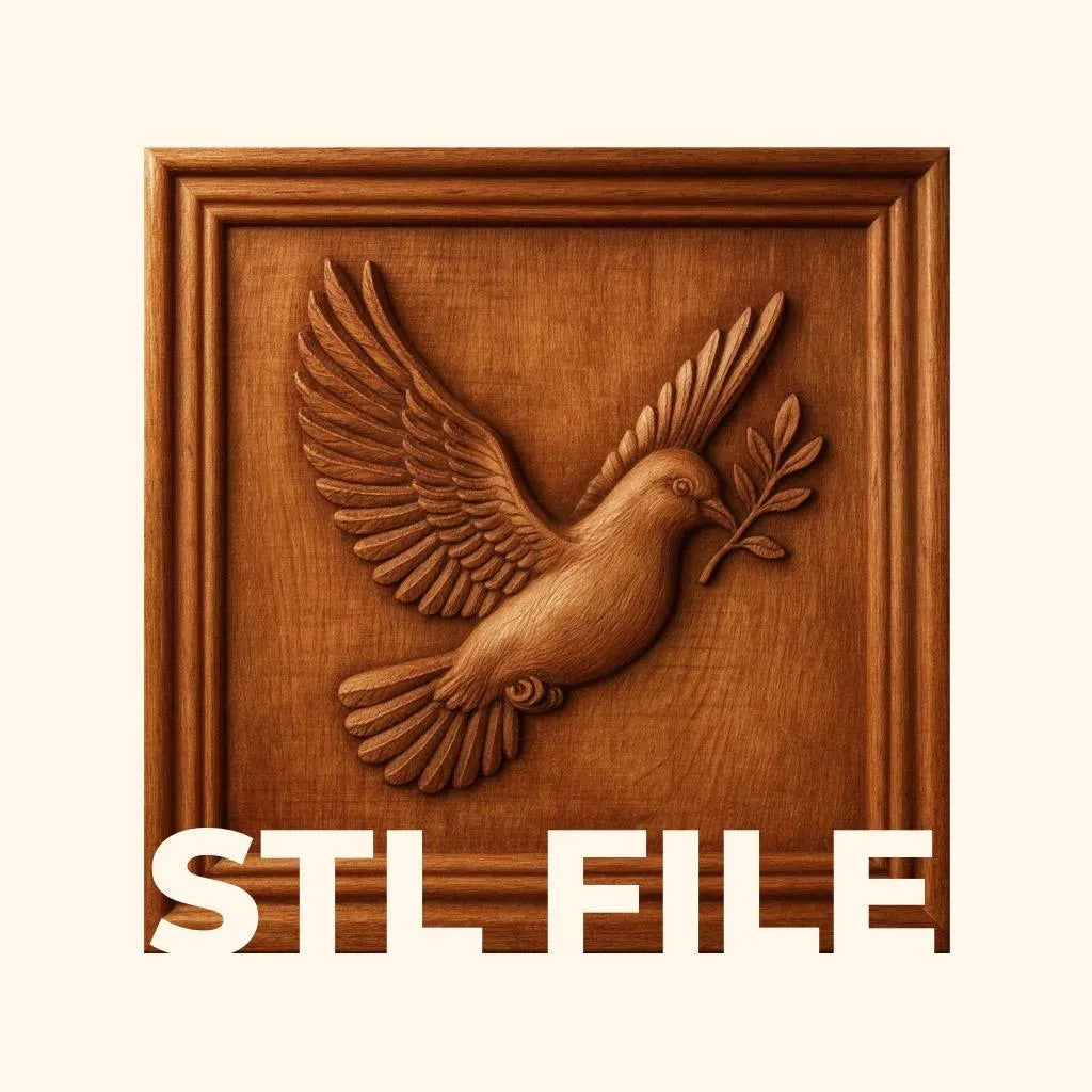 A Flying Dove CNC Relief STL File by Form Arcade, featuring a wooden-style carving of a dove holding an olive branch in its beak and framed by a border, with "STL FILE" at the bottom—perfect for woodworking projects or as bird-themed CNC wall art.