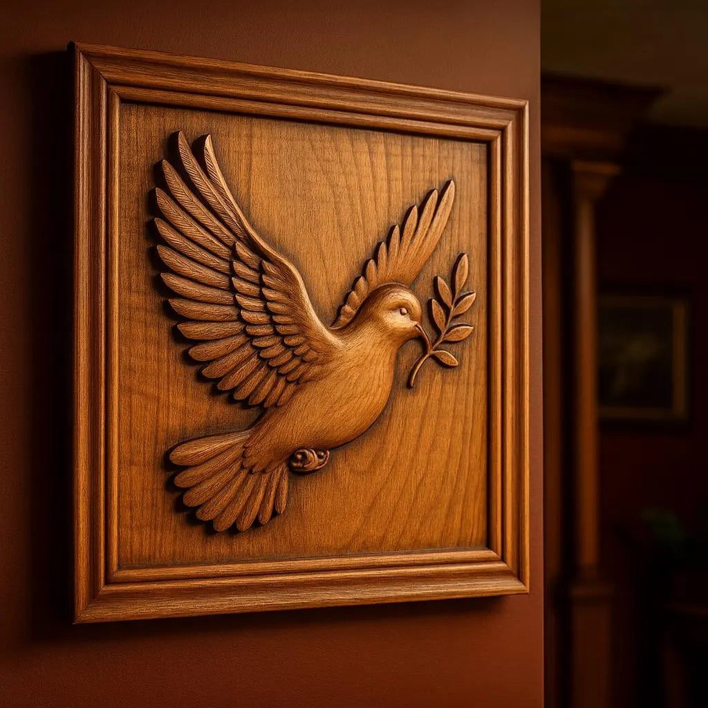 A framed Flying Dove CNC Relief by Form Arcade—crafted from their Bird CNC Wall Art STL file—features a dove holding an olive branch, symbolizing peace, and is mounted on a warm-toned wall.
