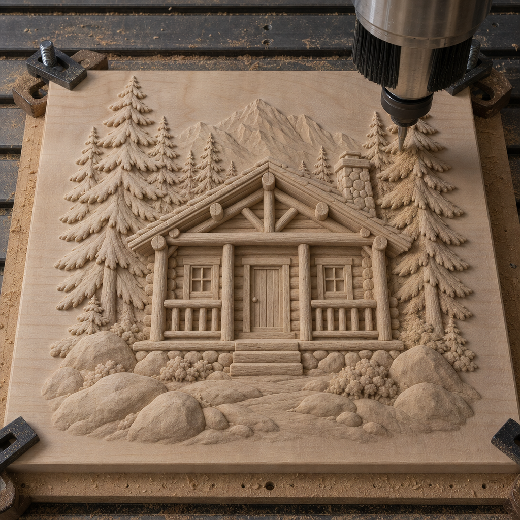 CNC cutting a raised wood relief of a log cabin, pine trees, mountains, rocks, and pathway on a router bed.