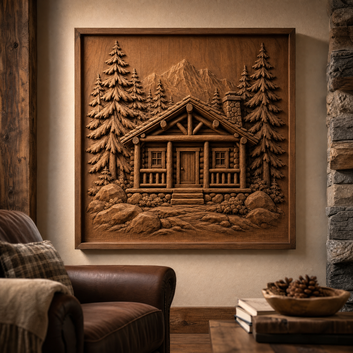 Wall-mounted CNC wood relief of a log cabin, pine forest, mountains, rocks, and pathway in a rustic room.