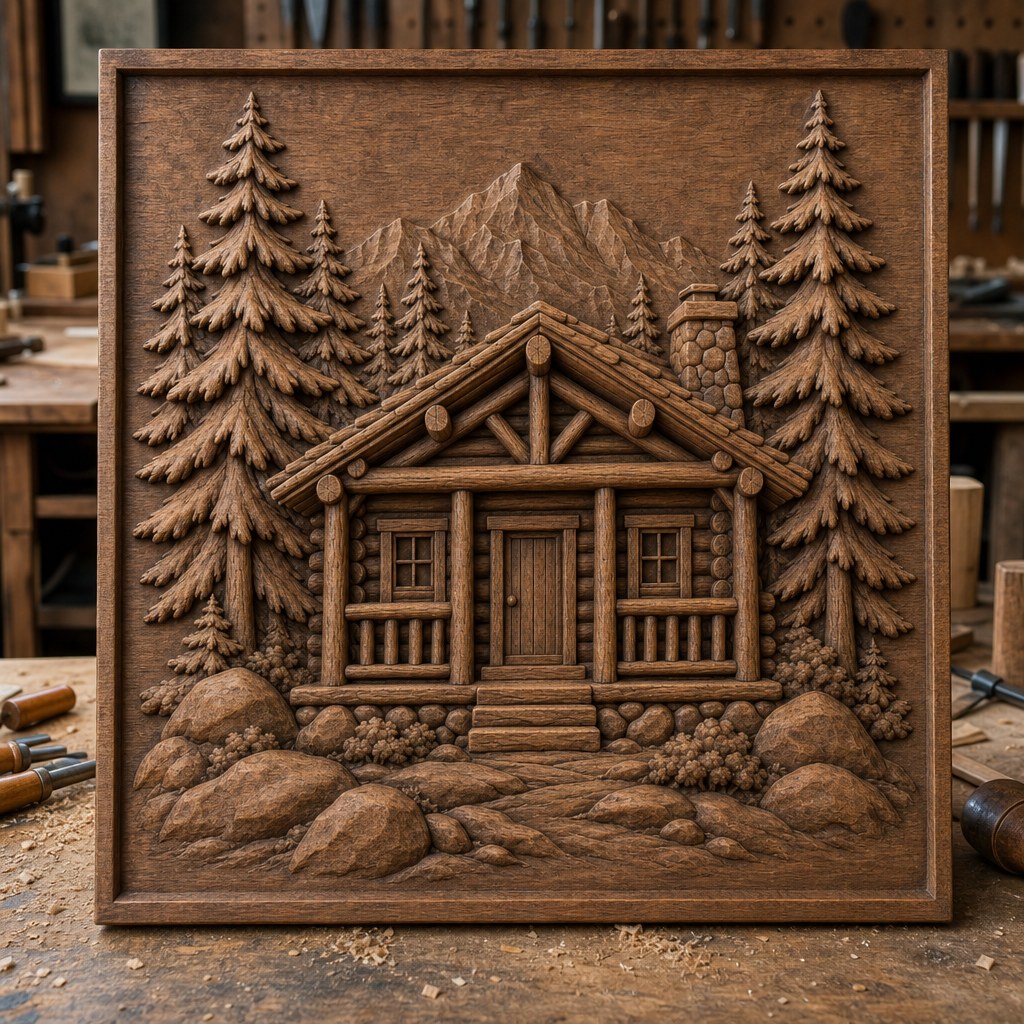 Framed CNC wood relief of a log cabin with porch, pine trees, mountains, rocks, and pathway, shown in a workshop.
