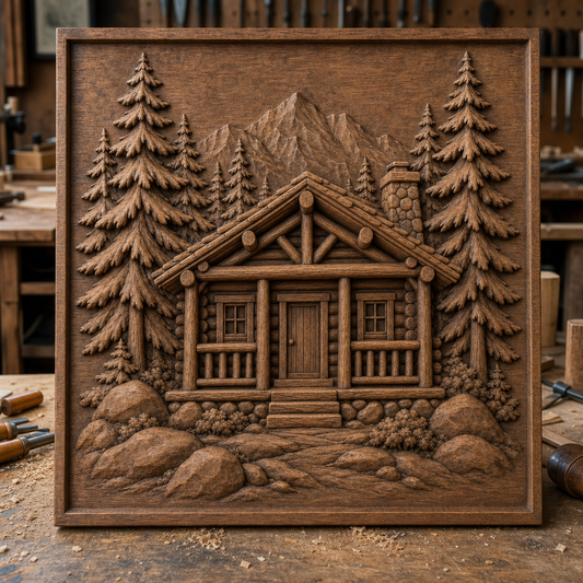 Framed CNC wood relief of a log cabin with porch, pine trees, mountains, rocks, and pathway, shown in a workshop.