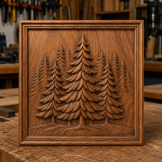 The Pine Forest CNC Relief STL File by Form Arcade, featuring a detailed carving of pine trees, is displayed on a workbench in a woodworking shop filled with tools and background shelves.