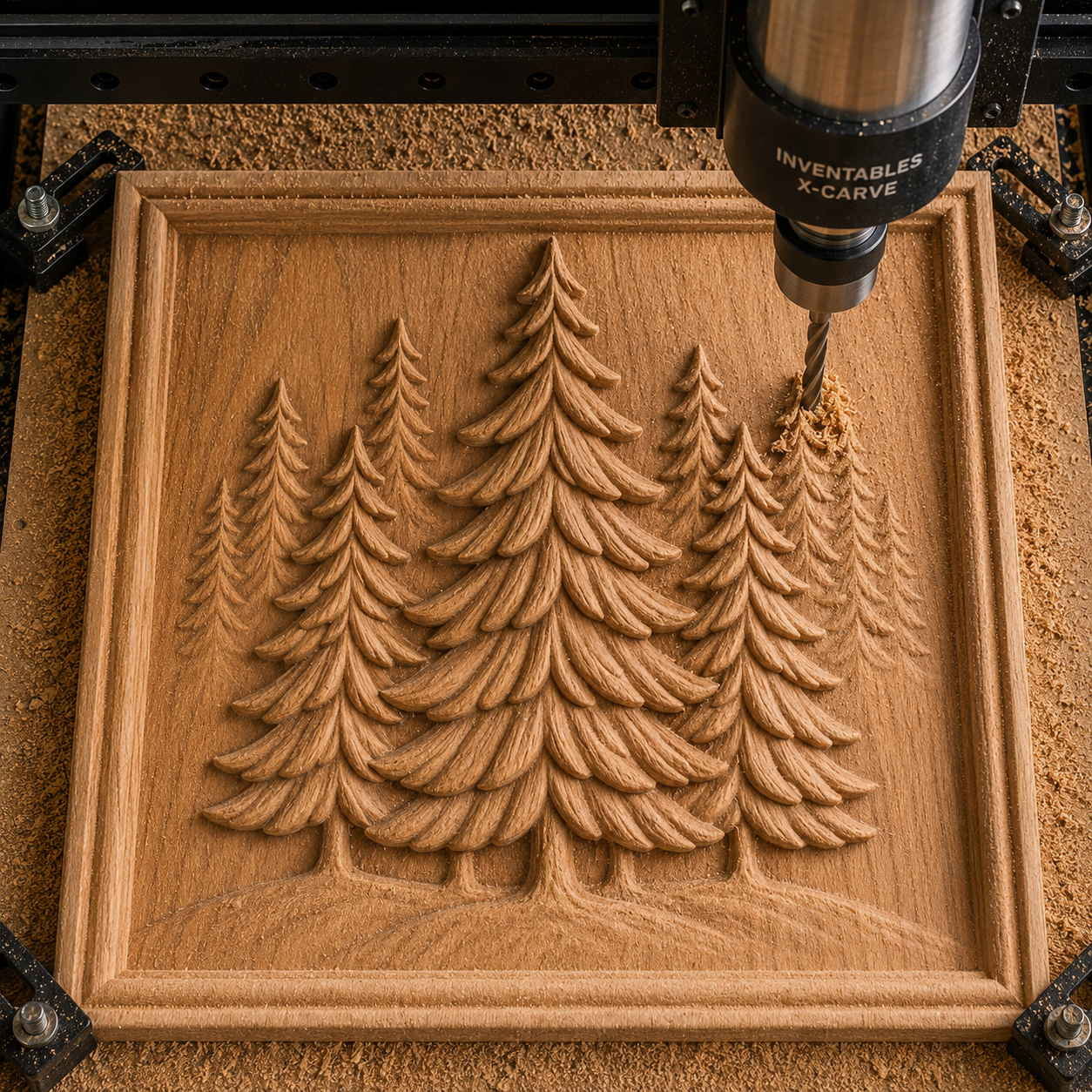 The Pine Forest CNC Relief STL File by Form Arcade intricately renders a detailed forest scene of pine trees into a wooden panel, with wood shavings scattered around the artwork—an inspiring addition to any woodworking project or nature-themed CNC wall art collection.