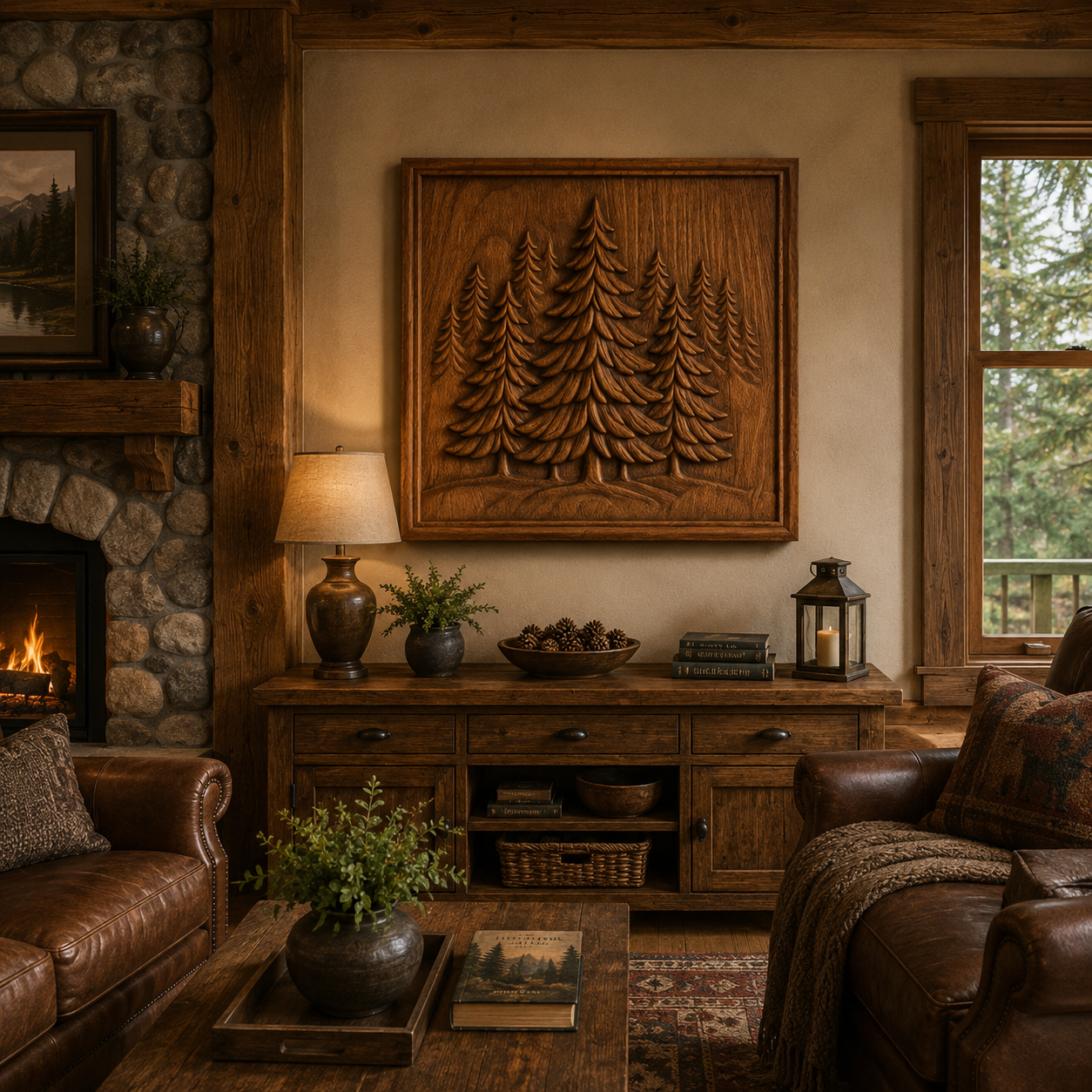 A cozy rustic living room features leather chairs, a stone fireplace, a wooden sideboard, and the "Pine Forest CNC Relief STL File | Nature CNC Wall Art" by Form Arcade—a carved wood art piece depicting pine trees created using CNC carving. A window reveals green trees outside, while warm lighting completes the inviting atmosphere.