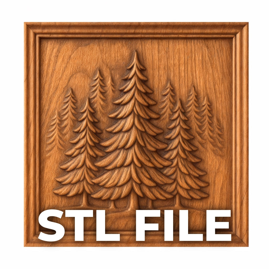 The Pine Forest CNC Relief STL File by Form Arcade showcases carved pine trees within a square frame, ideal for nature-inspired CNC wall art and 3D printing projects.