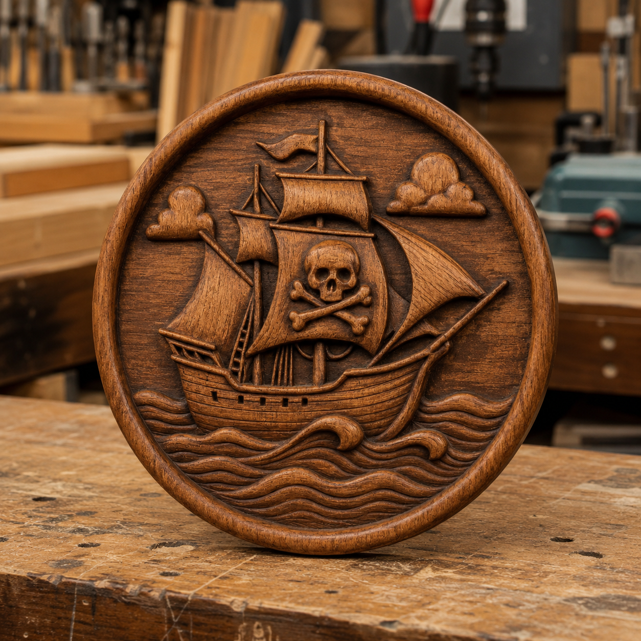 Pirate Ship Medallion CNC Relief STL File | Nautical CNC Wall Art