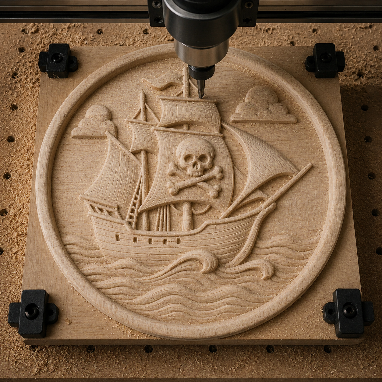 Pirate Ship Medallion CNC Relief STL File | Nautical CNC Wall Art