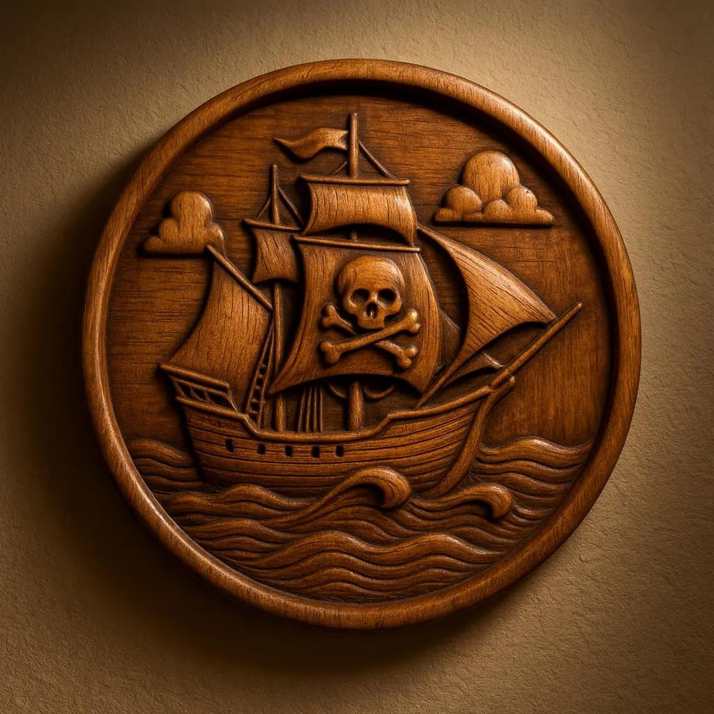 Showcase your woodworking skills with the Pirate Ship Medallion CNC Relief STL File by Form Arcade—a round wooden plaque design featuring a carved pirate ship with a skull and crossbones sail, sailing on waves beneath cloud-filled skies. Perfect for creating nautical CNC wall art or adding intricate pirate-themed detail to your next project.