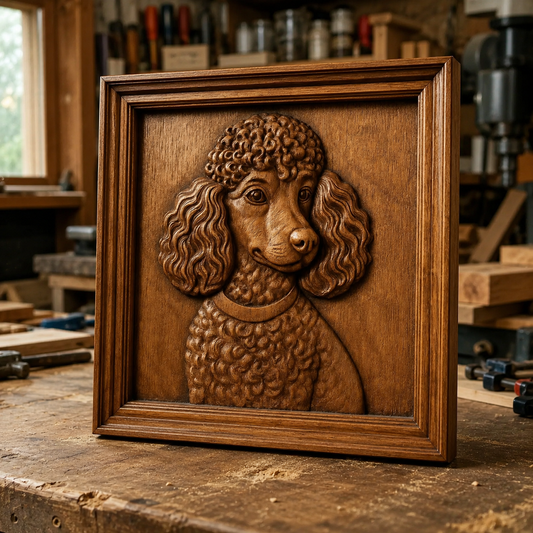 The Poodle Dog Portrait CNC Relief STL File by Form Arcade, a beautifully detailed depiction of a poodle's fur, is shown framed and upright on a workbench in a woodworking shop filled with tools and shelves—an inspiring example of how this dog CNC wall art design can enhance your next woodworking project.