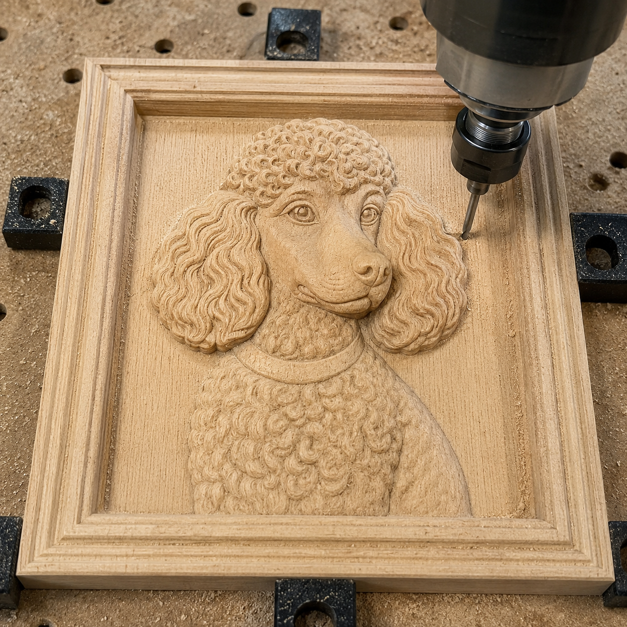 A CNC machine meticulously carves the "Poodle Dog Portrait CNC Relief STL File | Dog CNC Wall Art" by Form Arcade into a rectangular wooden plaque secured on a worktable, creating an impressive centerpiece for any woodworking project.