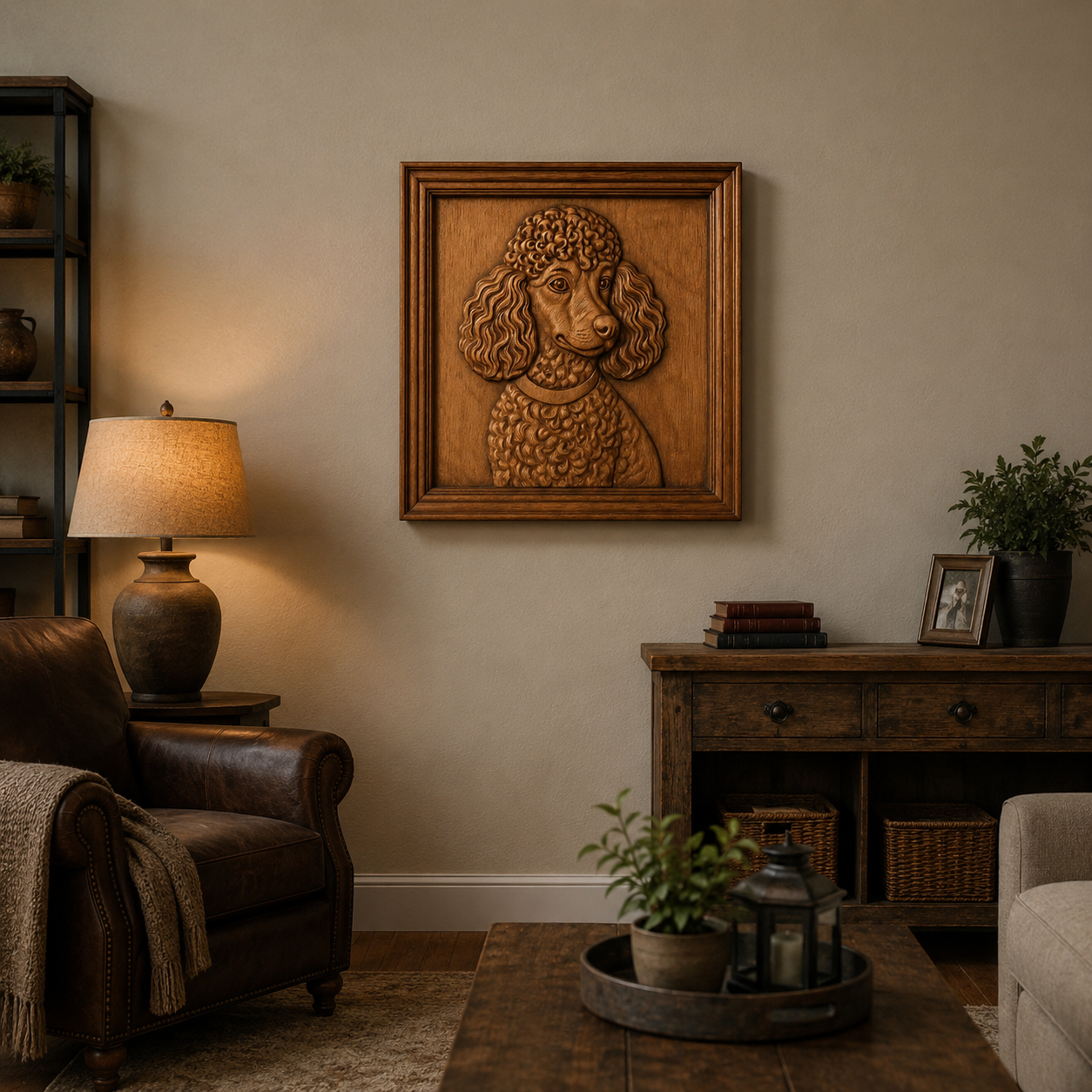 A cozy living room with a leather chair, a lamp, wooden furniture, and the "Poodle Dog Portrait CNC Relief" wall art by Form Arcade—crafted using their STL file—hanging above a sideboard.