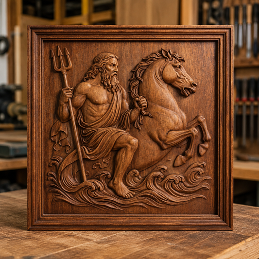 The Poseidon Sea God Relief STL File by Form Arcade features Poseidon with a trident and horse amid waves, set in a square frame—ideal for Greek mythology CNC wall art or decorative projects.