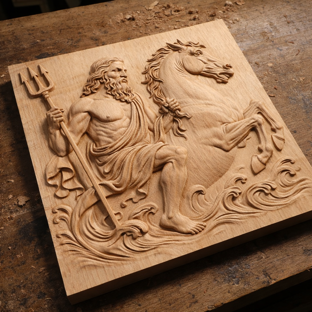 Poseidon sea god relief CNC carved wood panel on workbench showing raw carving surface, toolpath detail, and depth transitions created from STL file for CNC carving projects