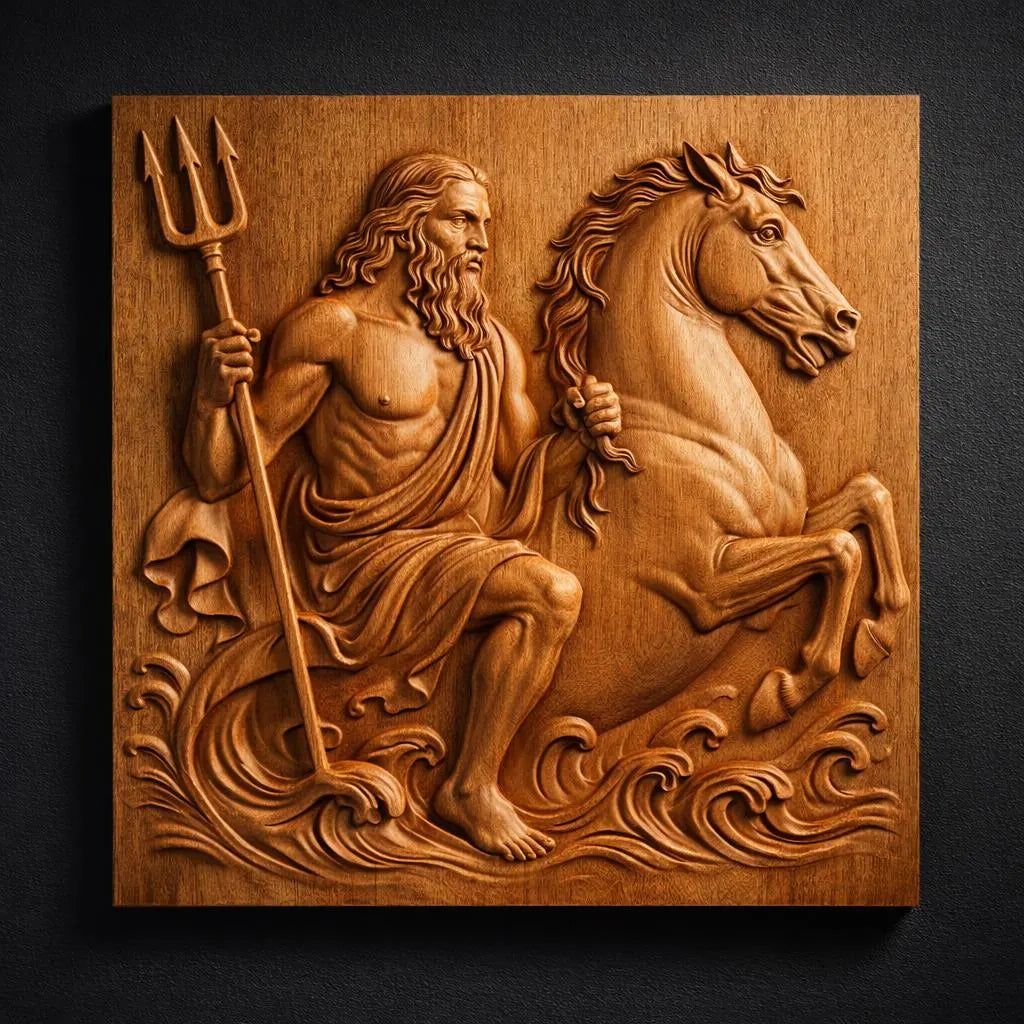 Detailed Poseidon sea god relief CNC STL design showing trident, horse, flowing beard, and layered wave depth optimized for CNC carving and high-resolution 3D printing