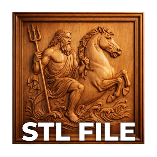 Poseidon sea god relief STL file thumbnail showing framed CNC carved wood panel with trident, horse, and ocean wave detail designed for CNC carving and 3D printing wall art