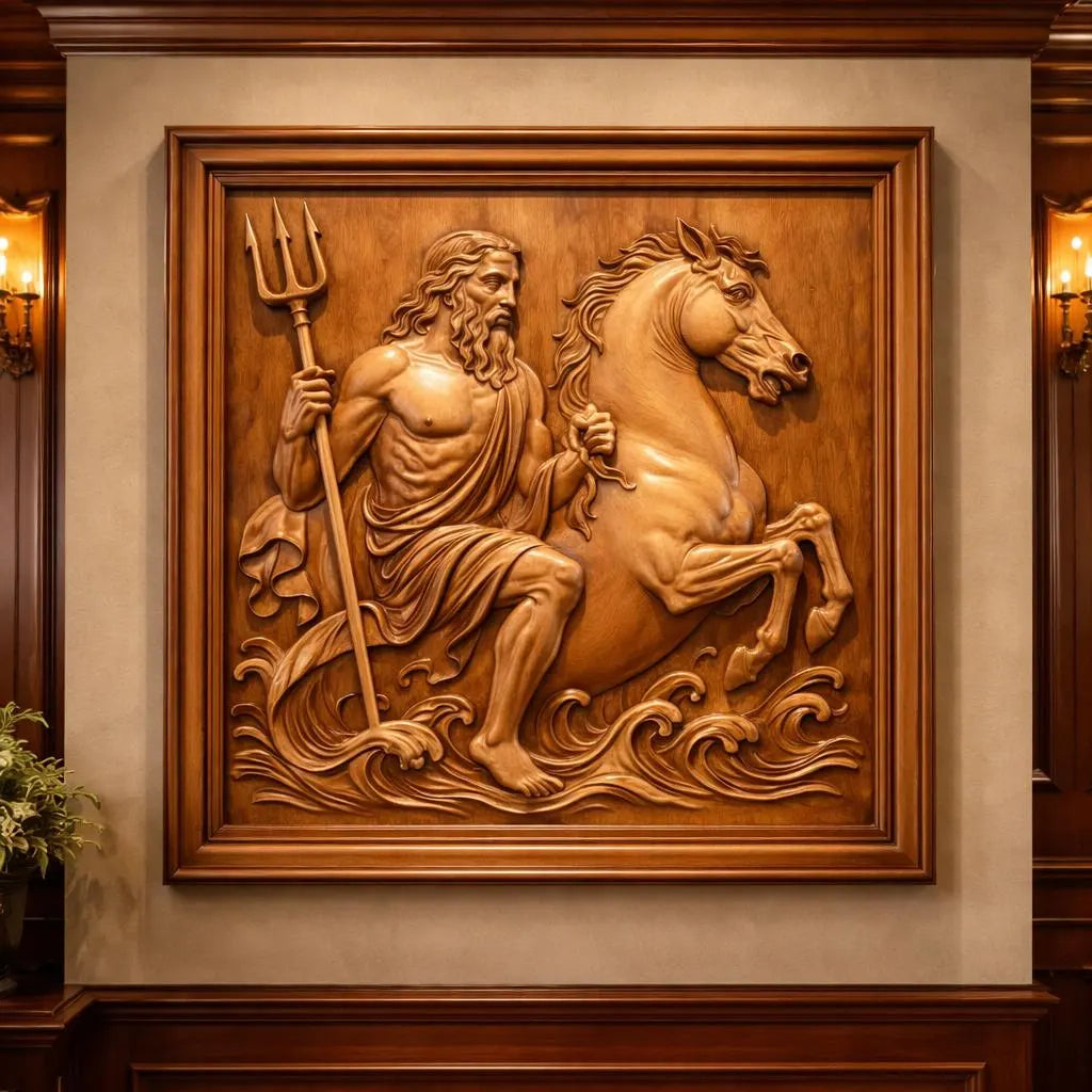 Poseidon sea god relief CNC carved wood wall art panel displayed in interior room setting, Greek mythology decor created from STL file for CNC carving and 3D printing