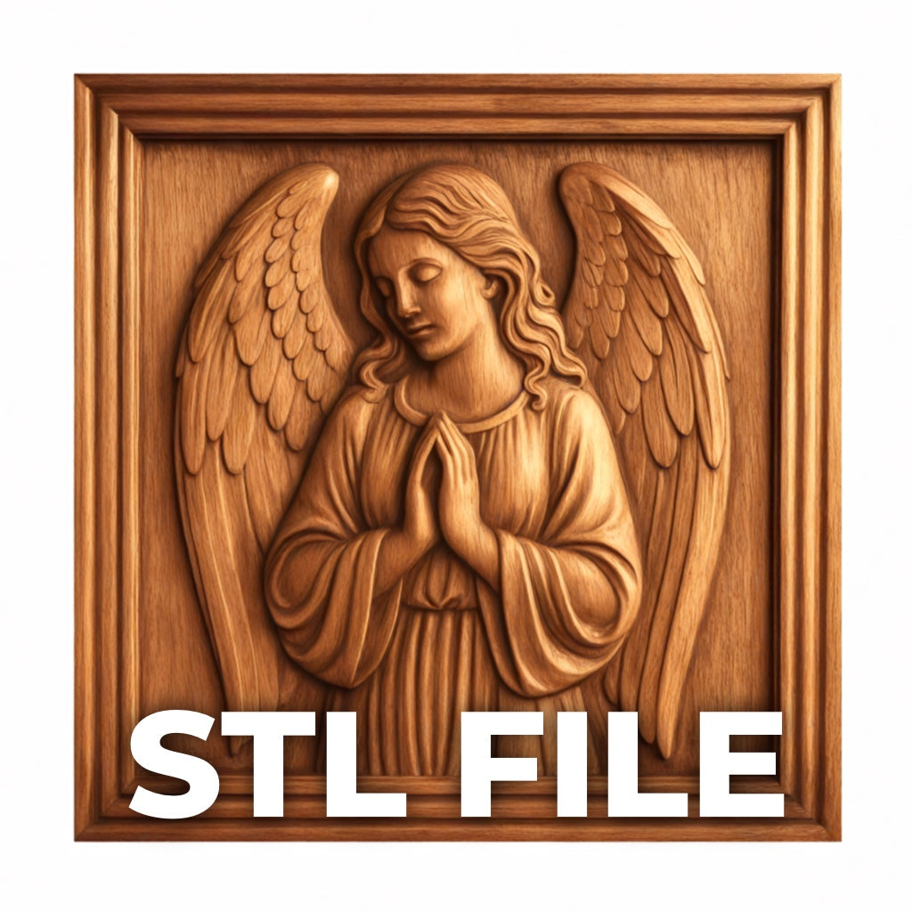 A carved wooden relief of a praying angel with detailed wings in a square frame. "Praying Angel CNC Relief STL File | Religious CNC Wall Art" by Form Arcade is shown at the bottom, ideal for CNC or 3D printing projects.