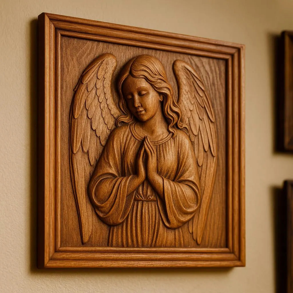 The Praying Angel CNC Relief STL File by Form Arcade is a religious wall art design featuring a detailed angel with folded hands and wings, framed simply and displayed on a light-colored wall.