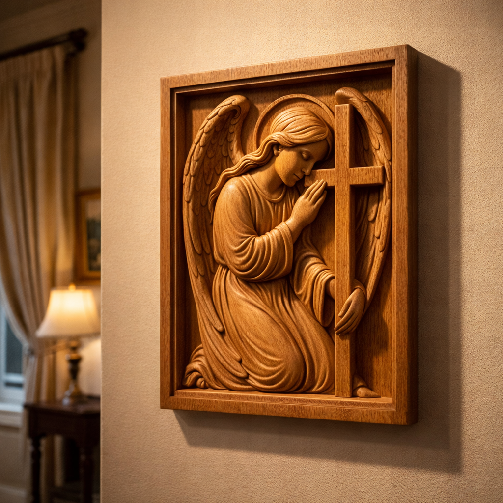 Kneeling Angel relief wall art displayed in an interior room setting as a finished framed panel, helping buyers visualize the downloadable STL file as real home decor. The image highlights how the religious wall art works for CNC carved wood signs, framed wall panels, decorative interior accents, and custom maker projects created from the digital relief file.
