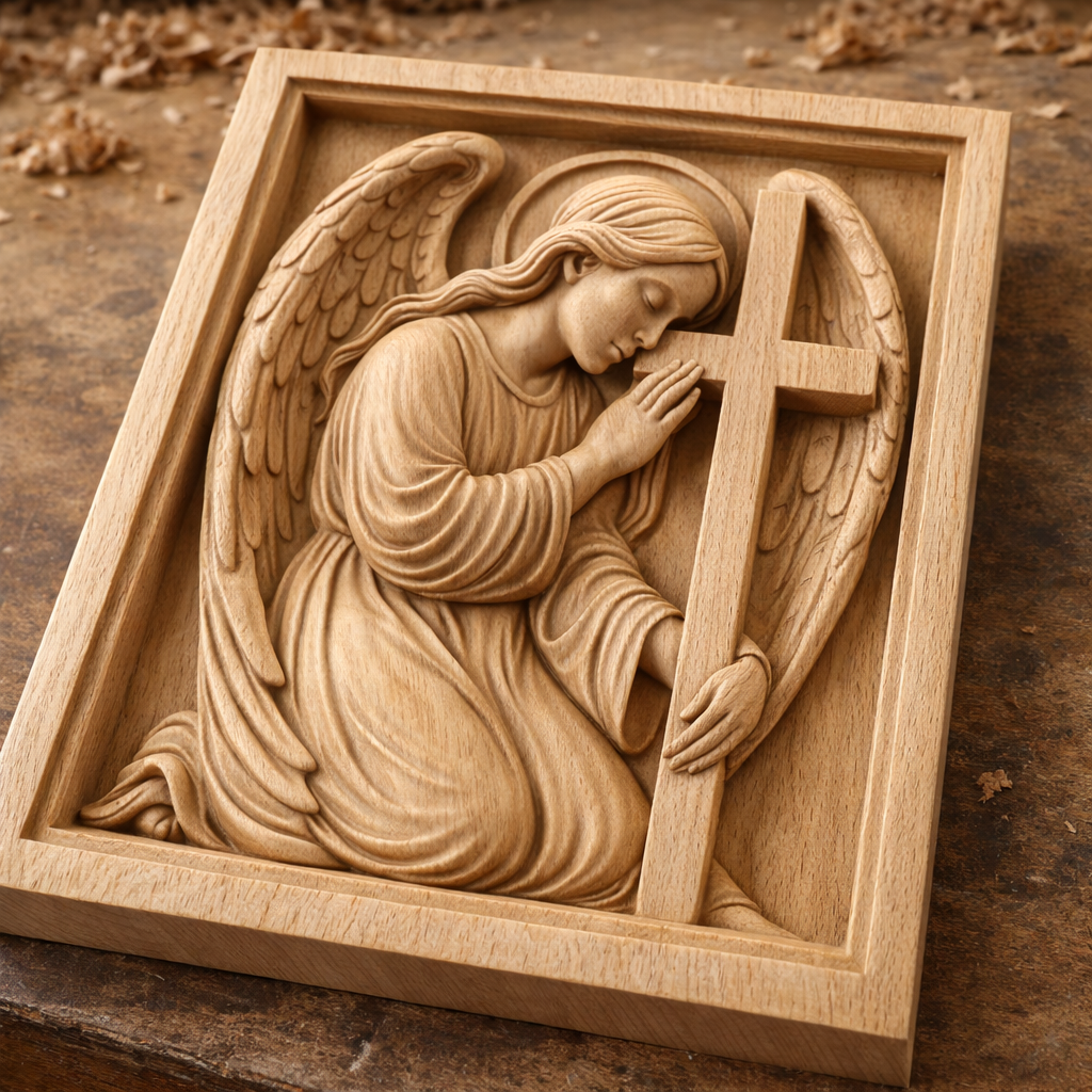 Kneeling Angel relief design shown as a freshly carved CNC wood panel on a workbench, emphasizing natural grain, carving depth, and real project use from the downloadable STL file. This workshop image helps illustrate how the model performs for CNC router carving, relief woodworking, framed panel builds, sign making, and other 3D printing or custom fabrication applications.