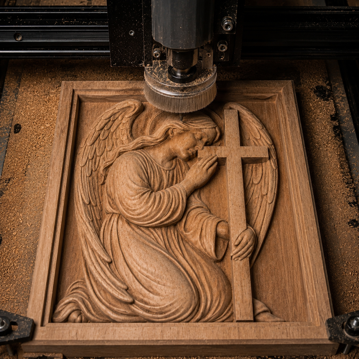 A CNC machine uses the Kneeling Angel CNC Relief STL File by Form Arcade to carve a detailed religious wall art featuring an angel kneeling with a cross, surrounded by wood shavings.