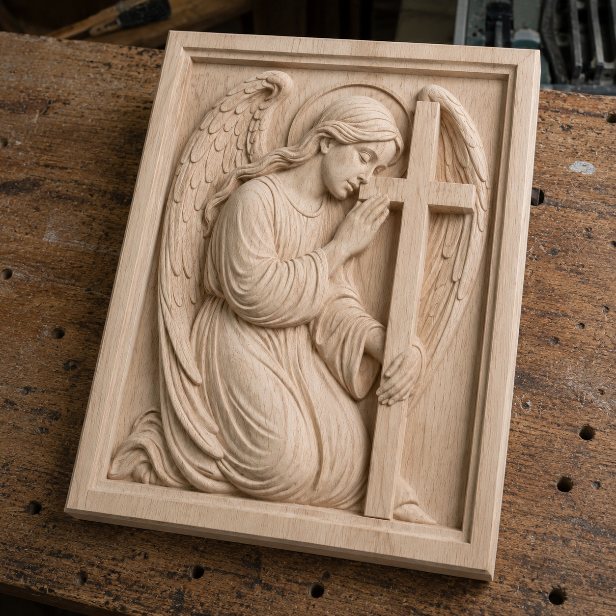 Form Arcade's Kneeling Angel CNC Relief STL File features a detailed wooden carving of a kneeling angel holding a cross, perfect for religious CNC wall art projects or as an inspiring addition to your CNC workbench.