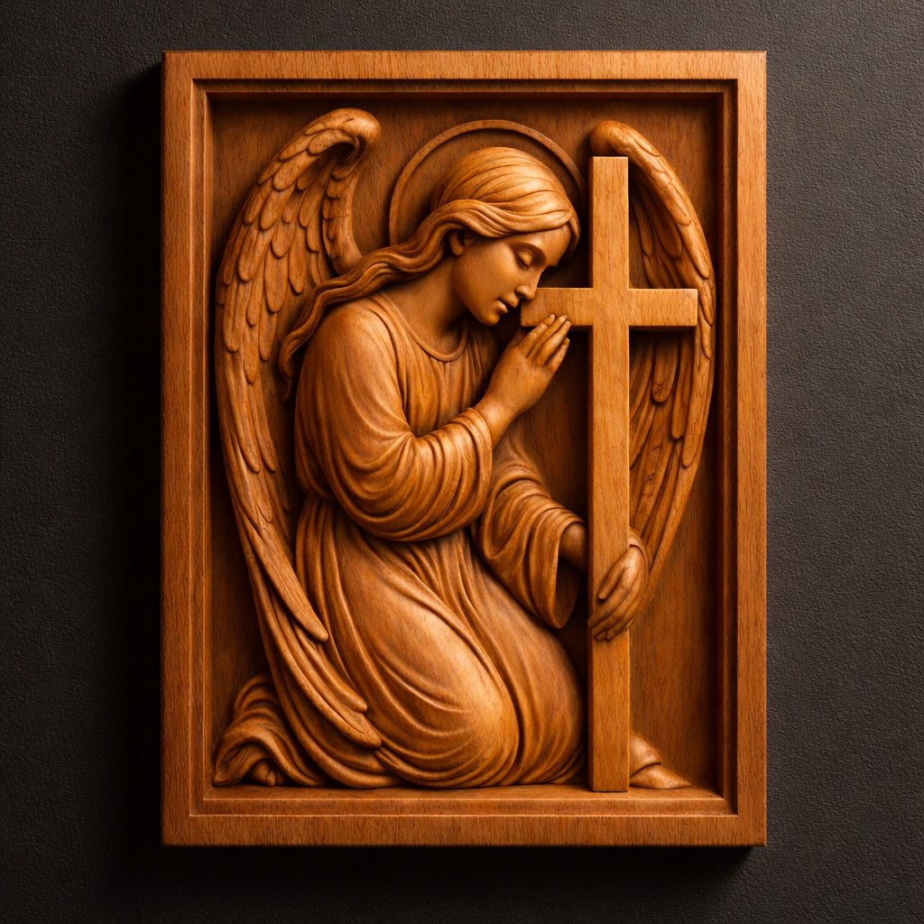 Close front view of the kneeling angel relief design presented as a carved wood panel, showing crisp edges, balanced composition, and clear bas relief depth for religious wall art. This image emphasizes the downloadable STL file design for CNC router carving, wood wall art production, and detailed resin or FDM 3D printing applications.