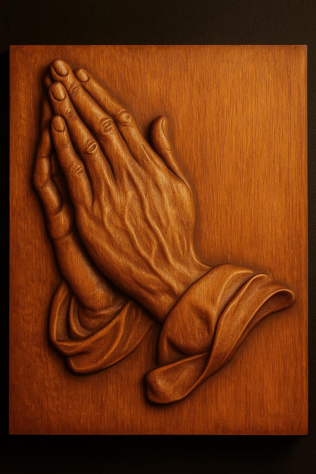 Close up of praying hands relief carving showing detailed folds and texture for CNC carving and 3D printing