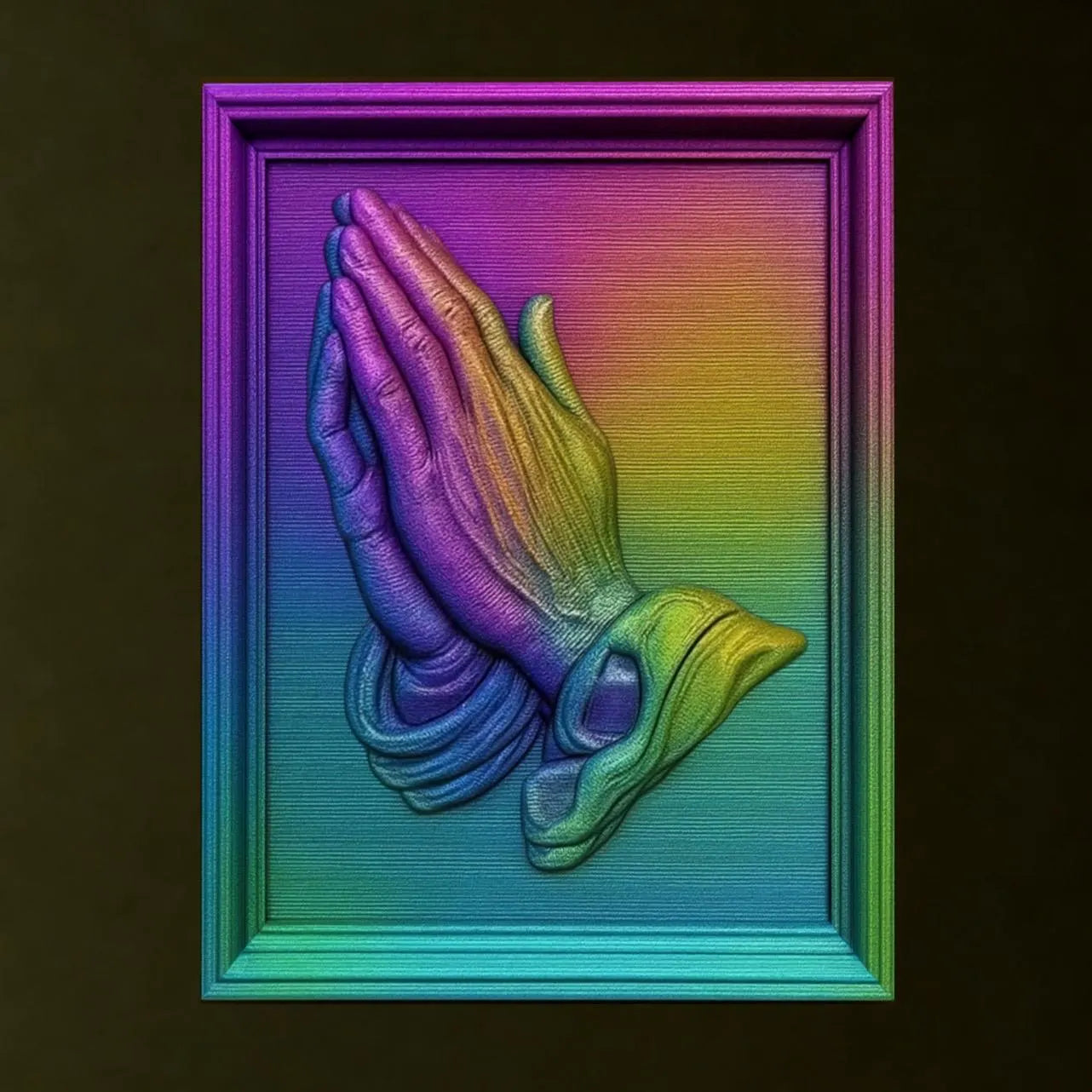 Multicolor 3D printed praying hands relief in framed design showing depth and detail for printable STL projects