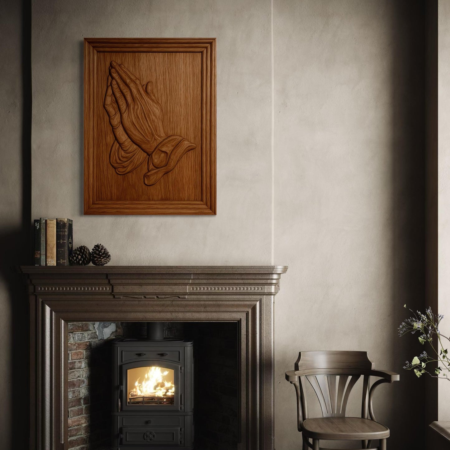 Framed praying hands relief carving mounted on wall in home setting, detailed CNC wood carving decor example